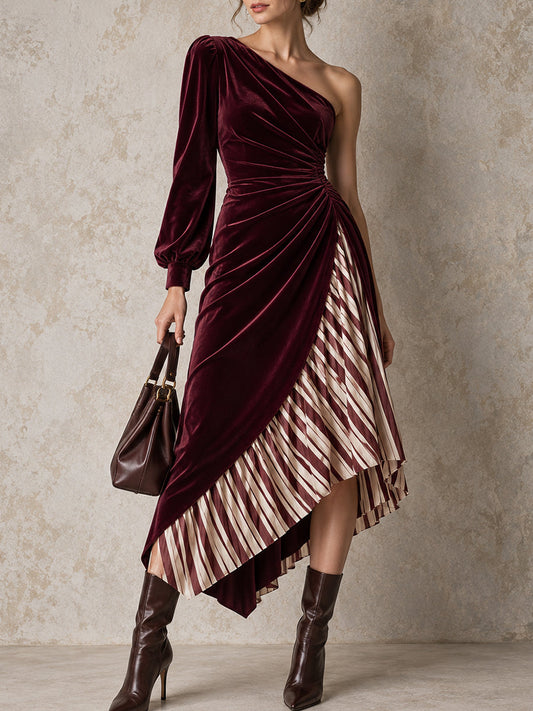 Burgundy Velvet One Shoulder Pleated Midi Dress