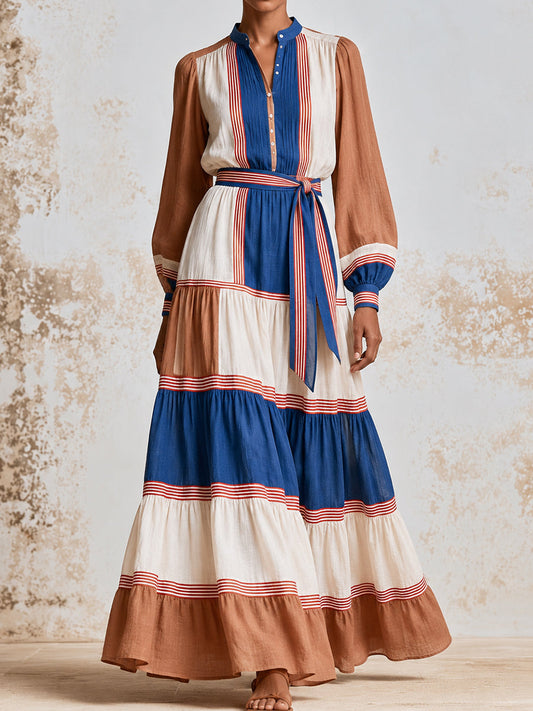 Blue Rust Stripe Tiered Maxi Dress